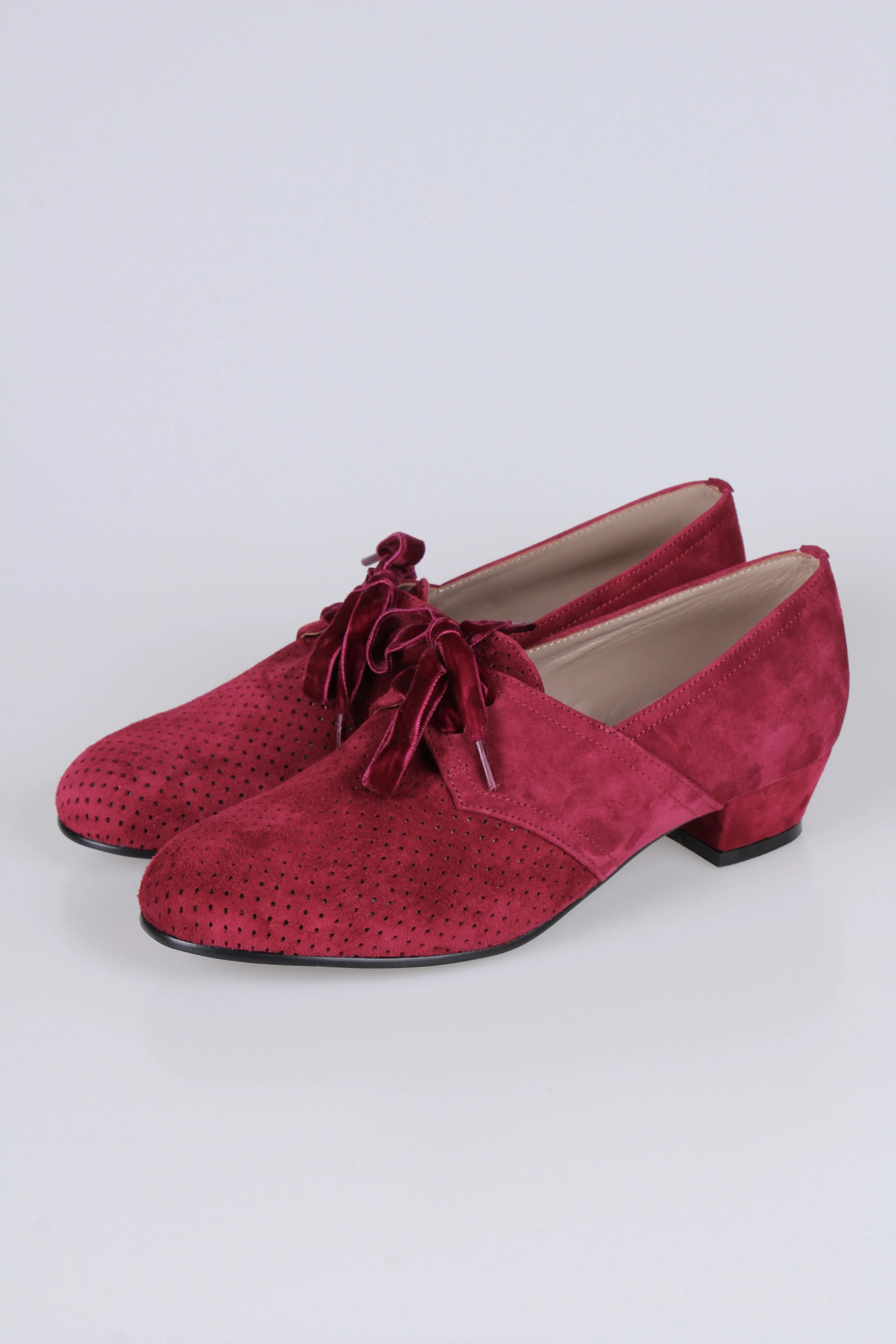 40s Derby shoes in suede - Low heel - Burgundy red -Esther