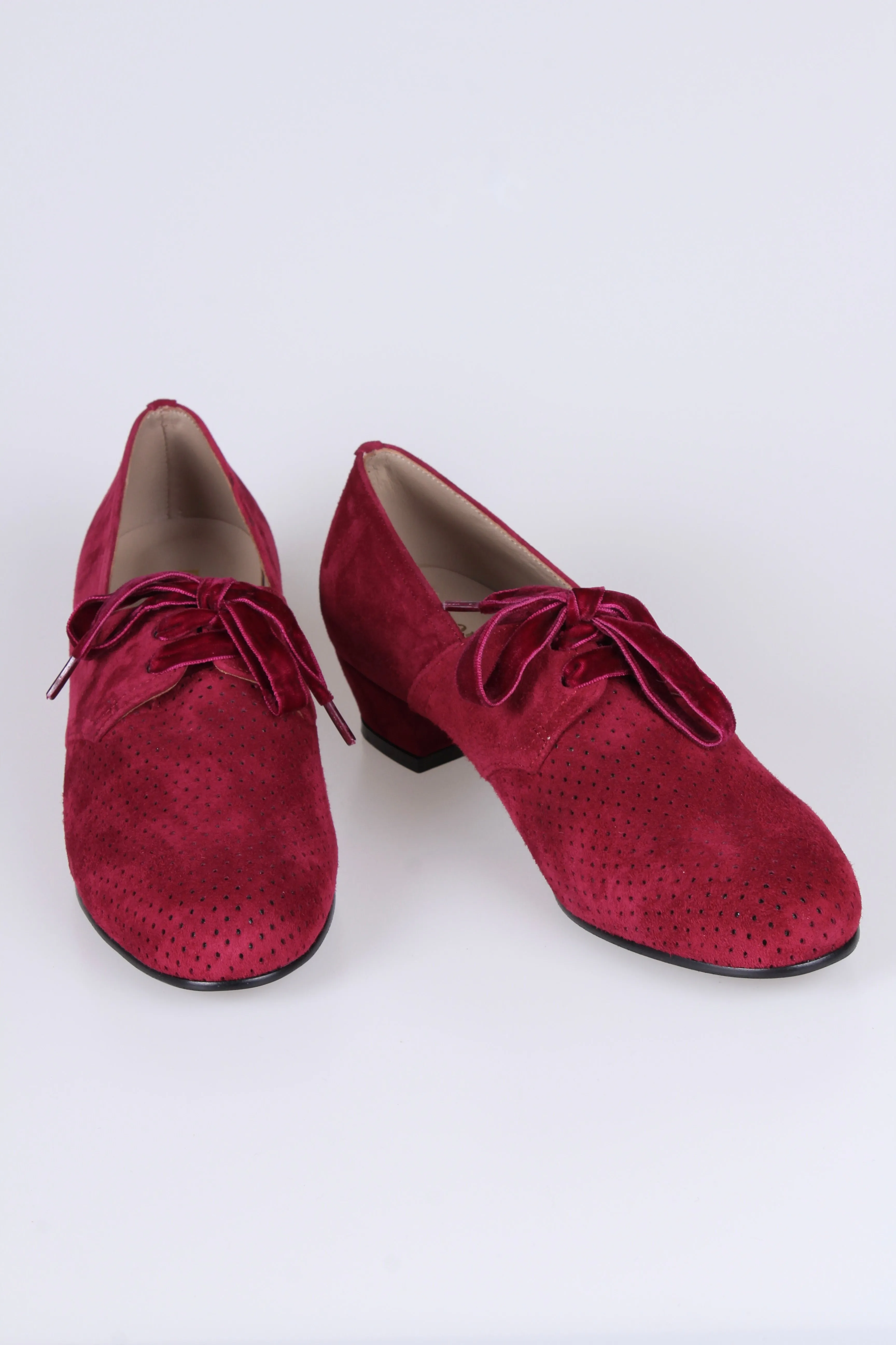 40s Derby shoes in suede - Low heel - Burgundy red -Esther