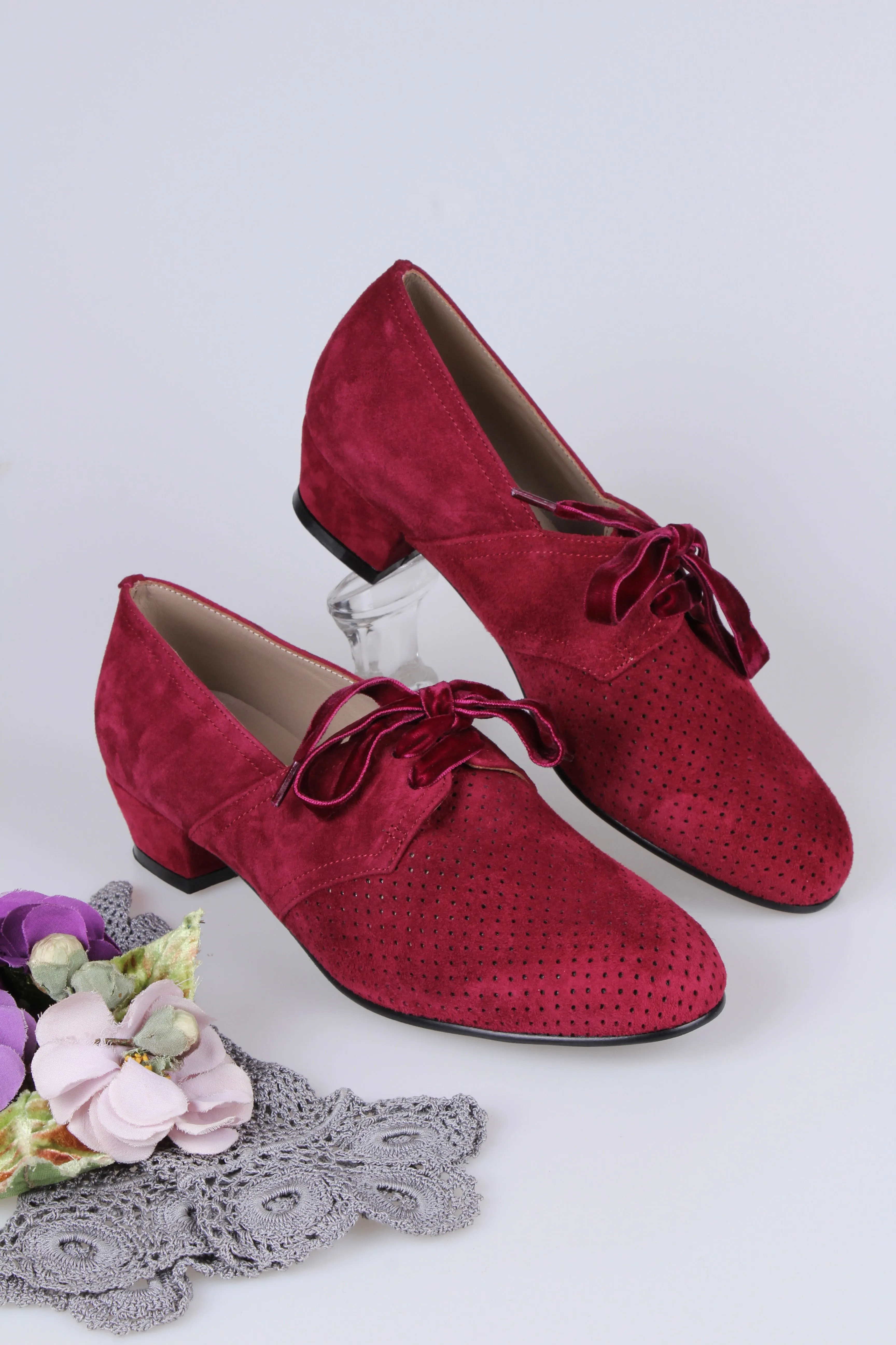 40s Derby shoes in suede - Low heel - Burgundy red -Esther