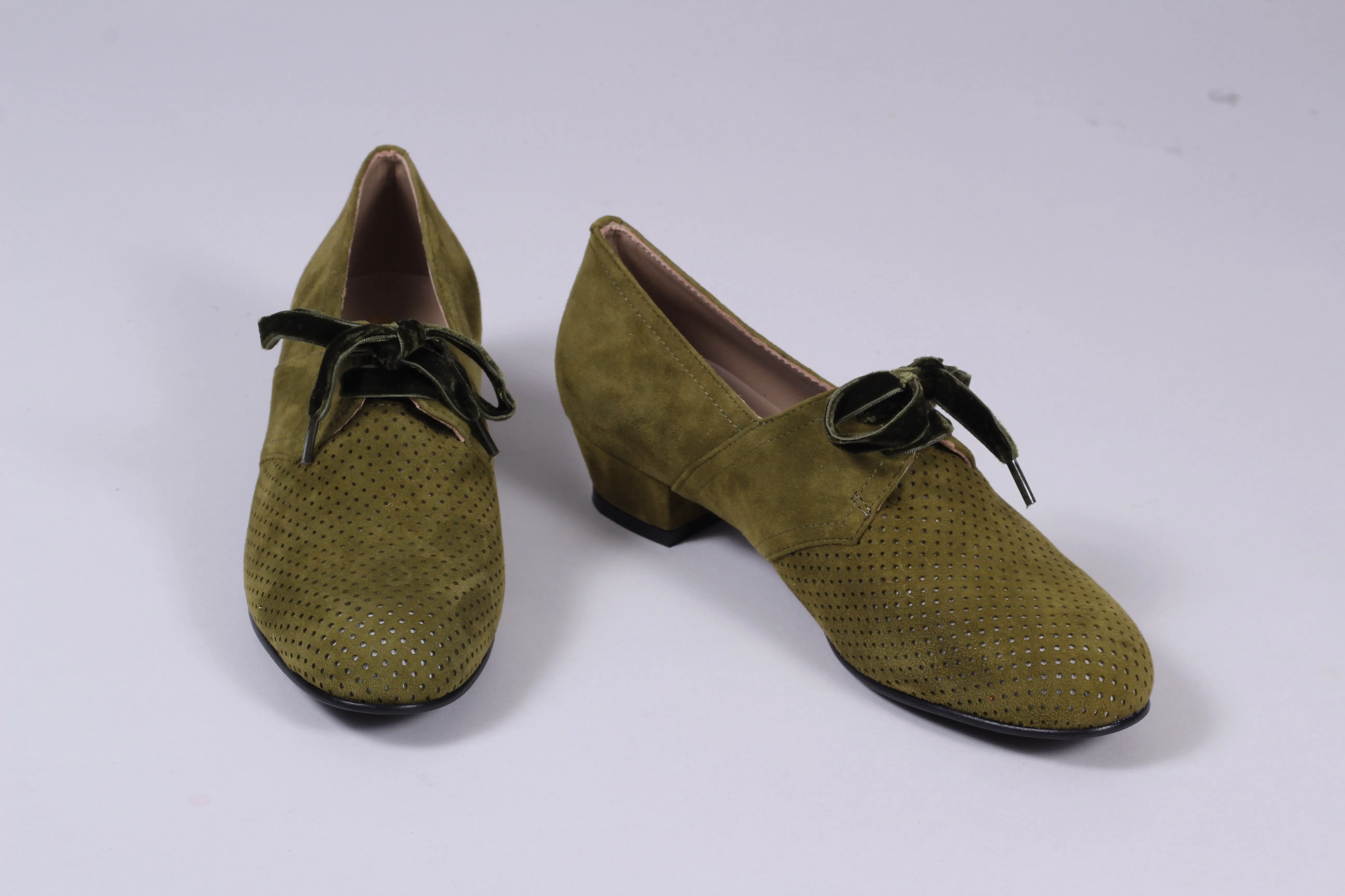 40s Derby shoes in suede - Low heel - Green - Esther