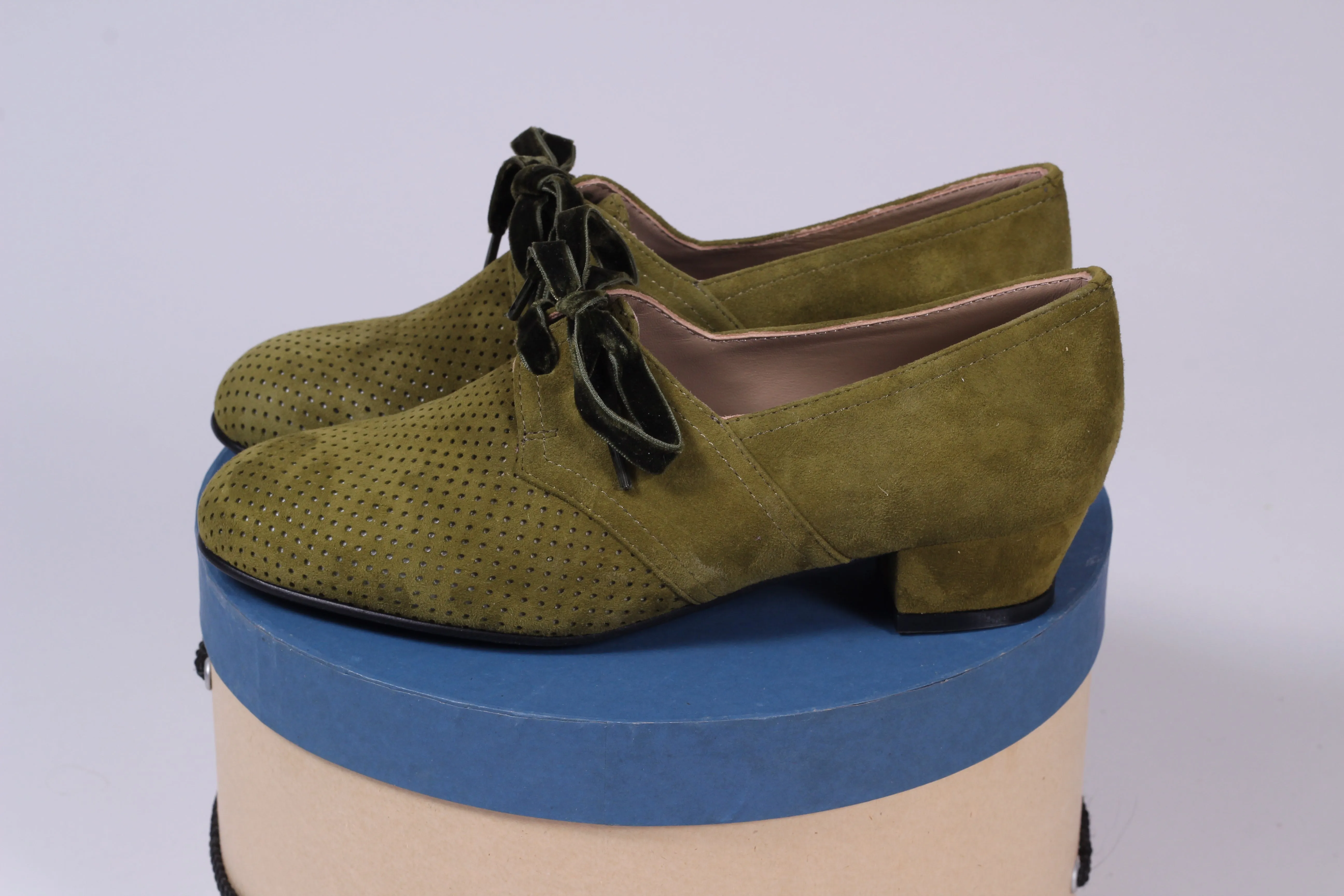 40s Derby shoes in suede - Low heel - Green - Esther