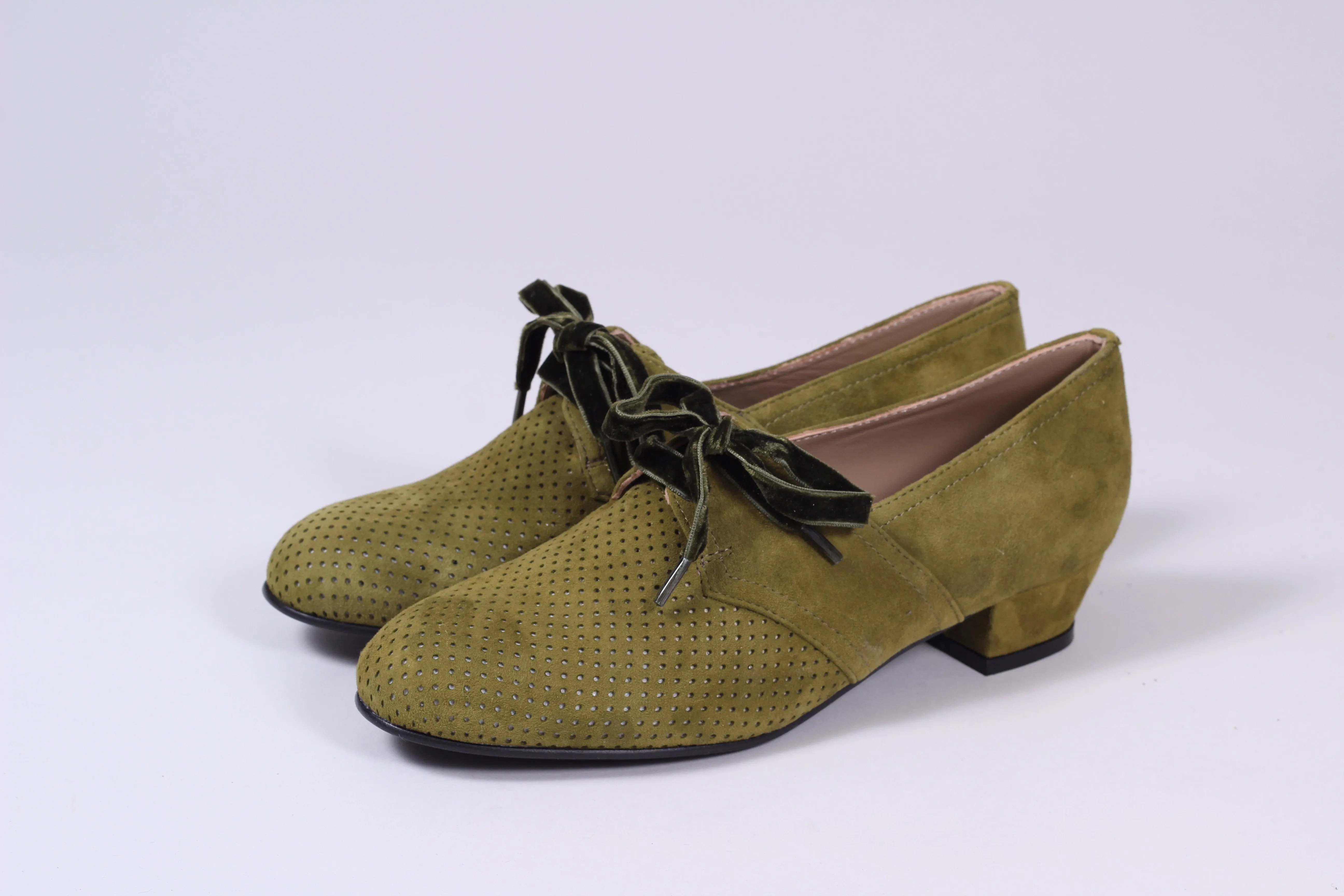 40s Derby shoes in suede - Low heel - Green - Esther