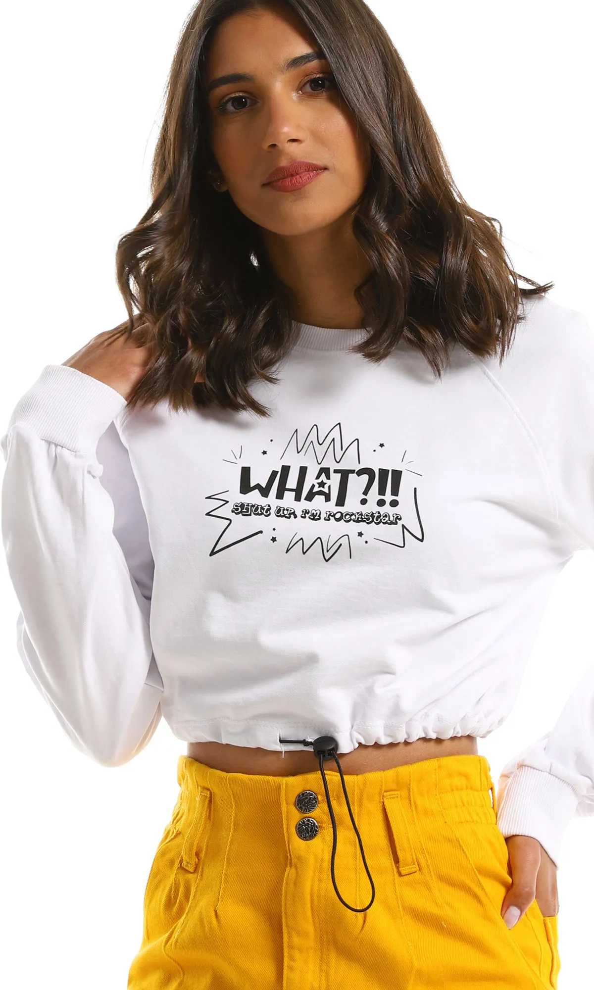 97331 "What?!" Chest Printed Lightweight White Sweatshirt