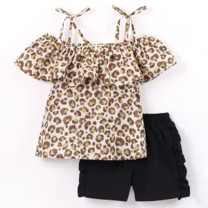 Animal Print Off shoulder Top Frilled Short Set