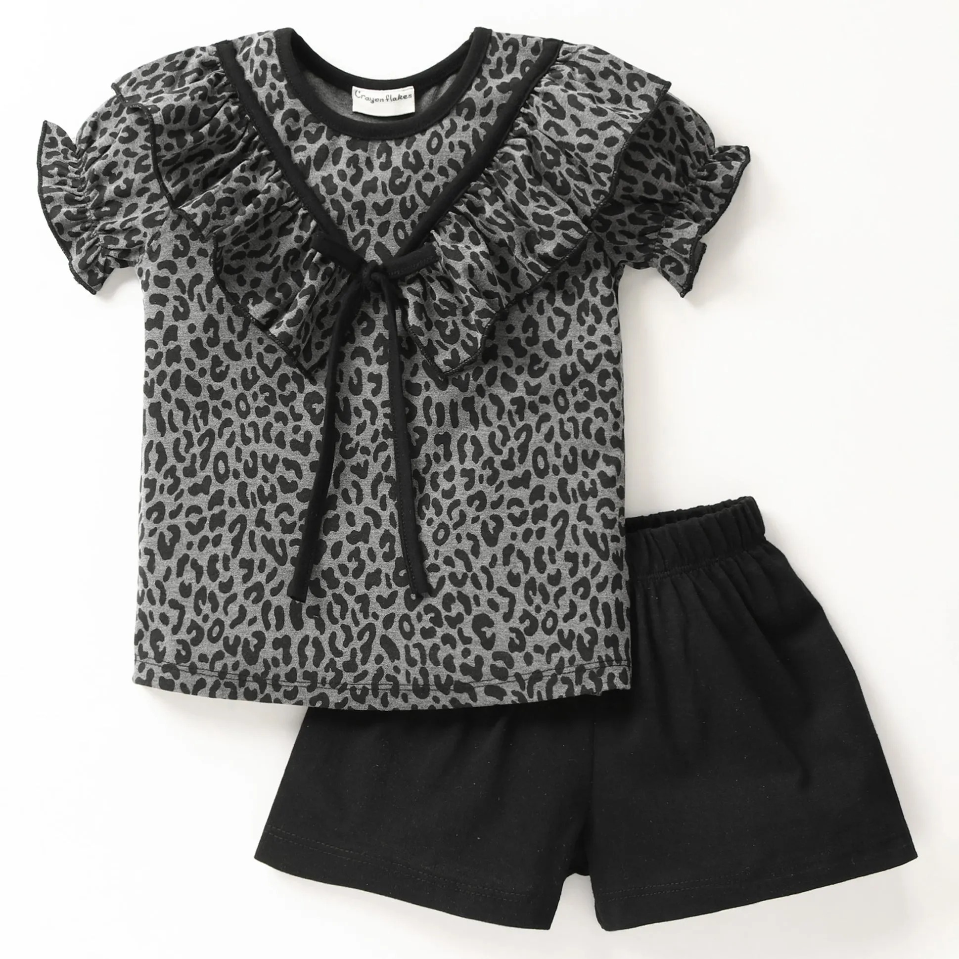 Animal Print V shape Frill Bow Top Short Set