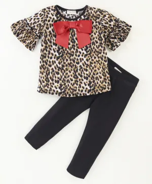 Animal Printed Frilled Sleeves Top Leggings Set