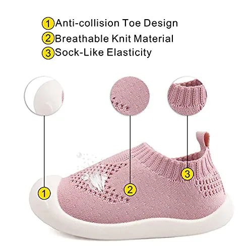 Baby First-Walking Shoes 1-4 Years Kid Shoes Trainers Toddler Infant Boys Girls Soft Sole Non Slip Cotton Mesh Breathable Lightweight Slip-on Sneakers Outdoor(Pink,4 Toddler) T15