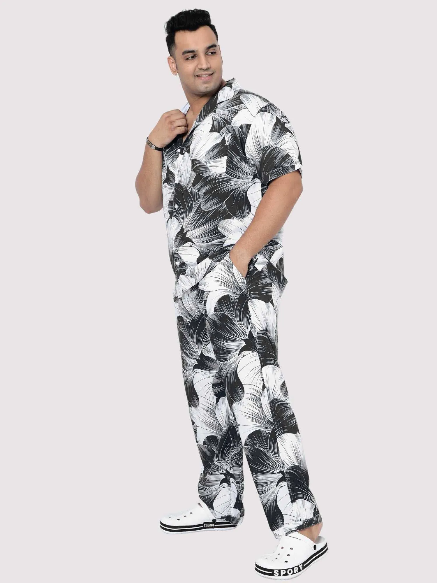 Black Big Flower Digital Printed Full Co-Ords Men's Plus Size