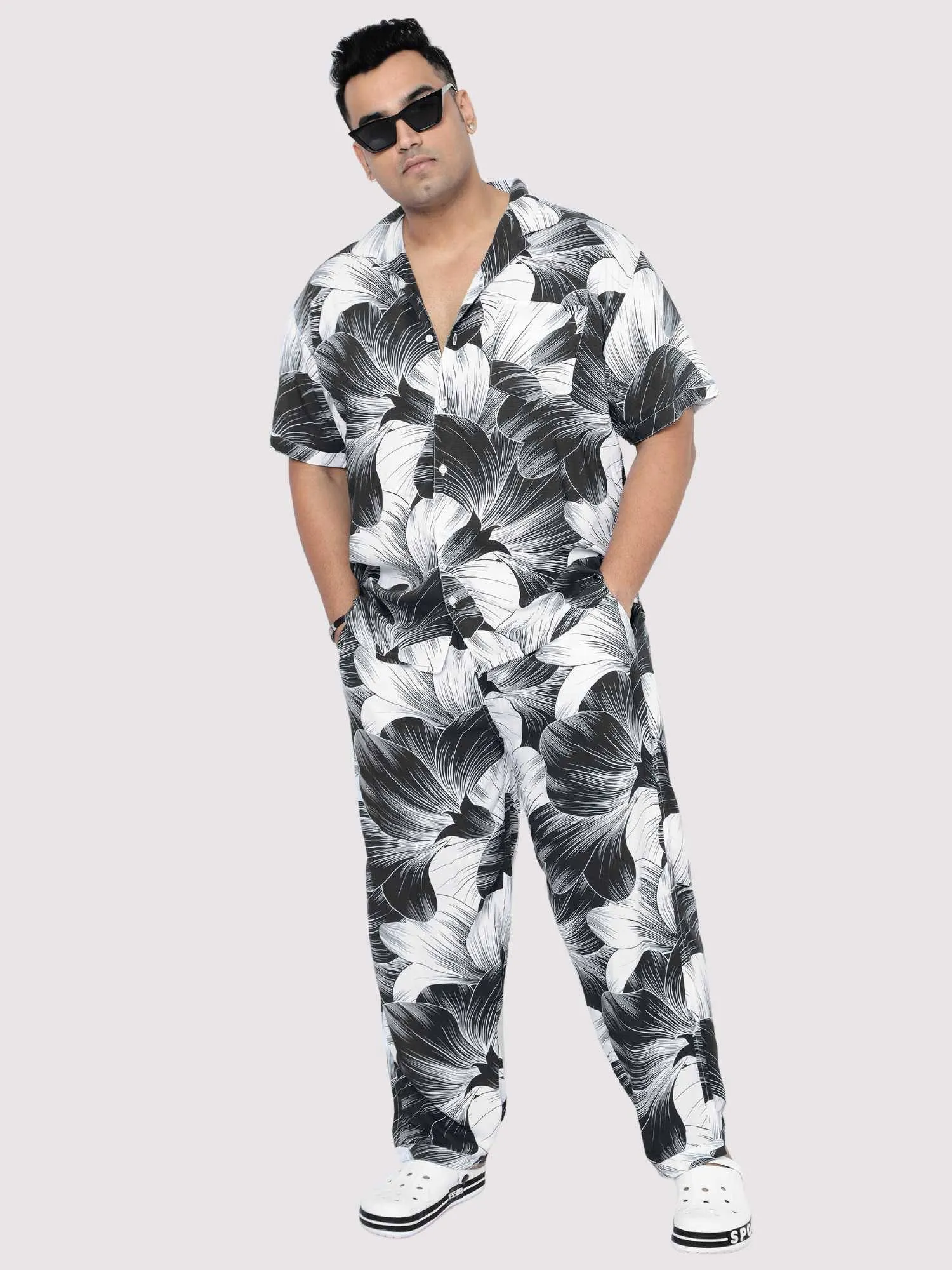 Black Big Flower Digital Printed Full Co-Ords Men's Plus Size