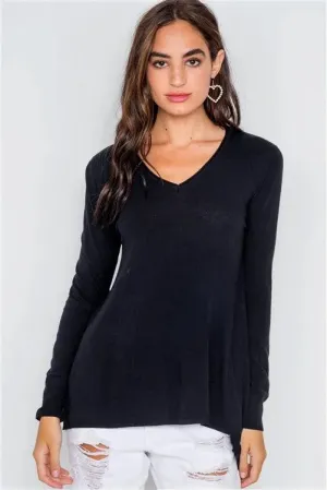 Black Knit V-Neck Solid Long Sleeve Lightweight Sweater