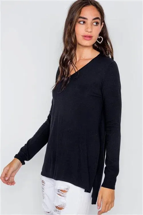 Black Knit V-Neck Solid Long Sleeve Lightweight Sweater