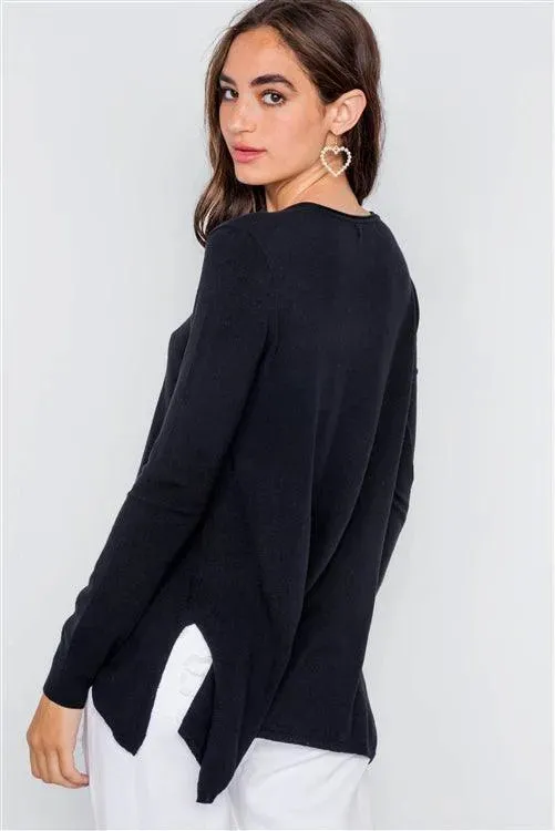 Black Knit V-Neck Solid Long Sleeve Lightweight Sweater