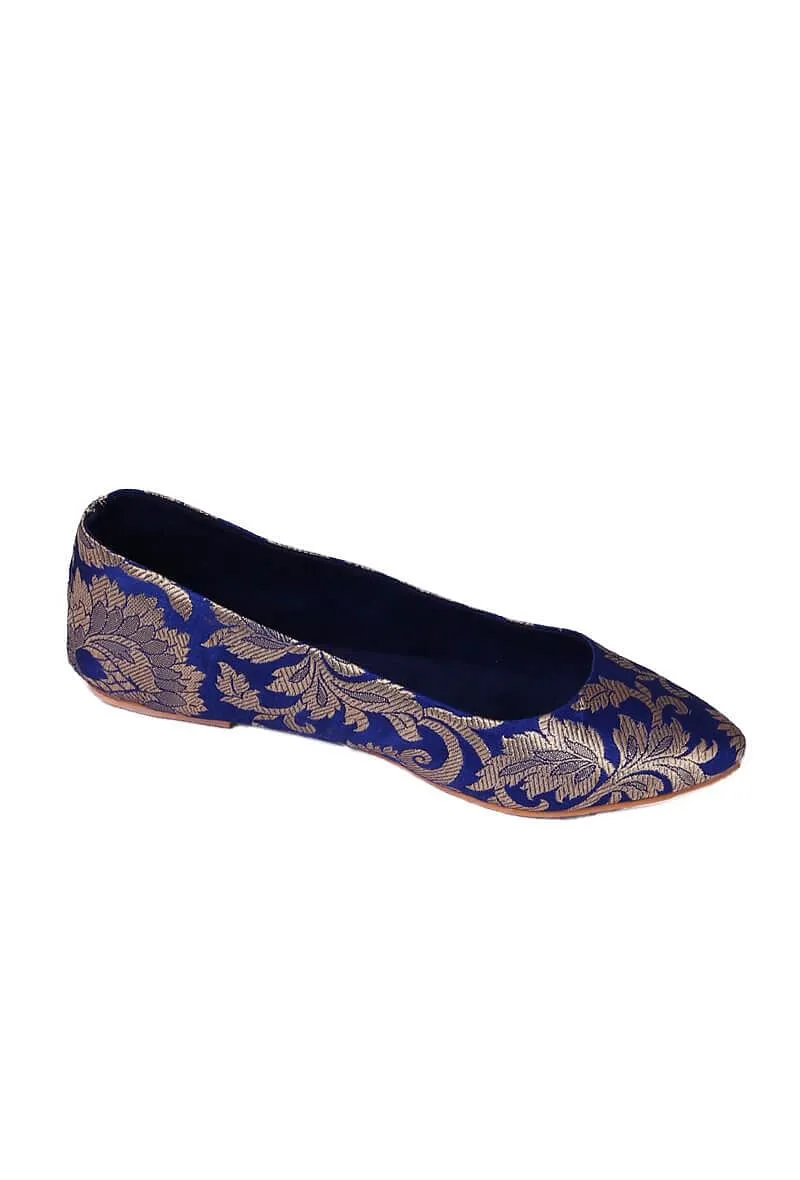 Blue Brocade Pointed Toe Ballerina Flats