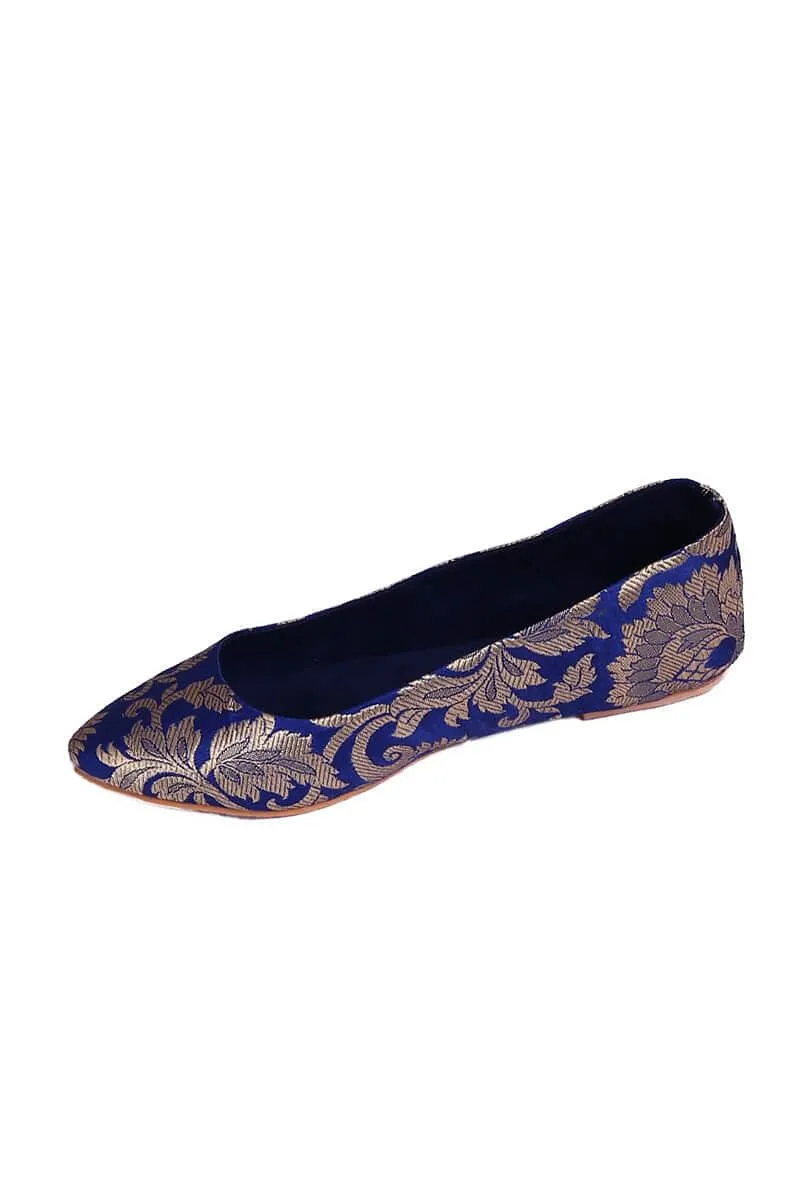 Blue Brocade Pointed Toe Ballerina Flats