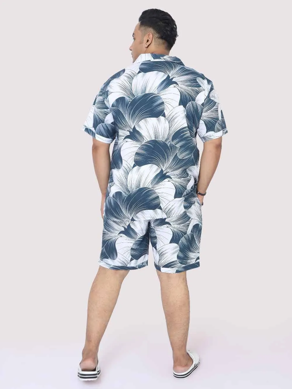 Blue-Grey Big Flower Digital Printed Half Co-Ords Men's Plus Size