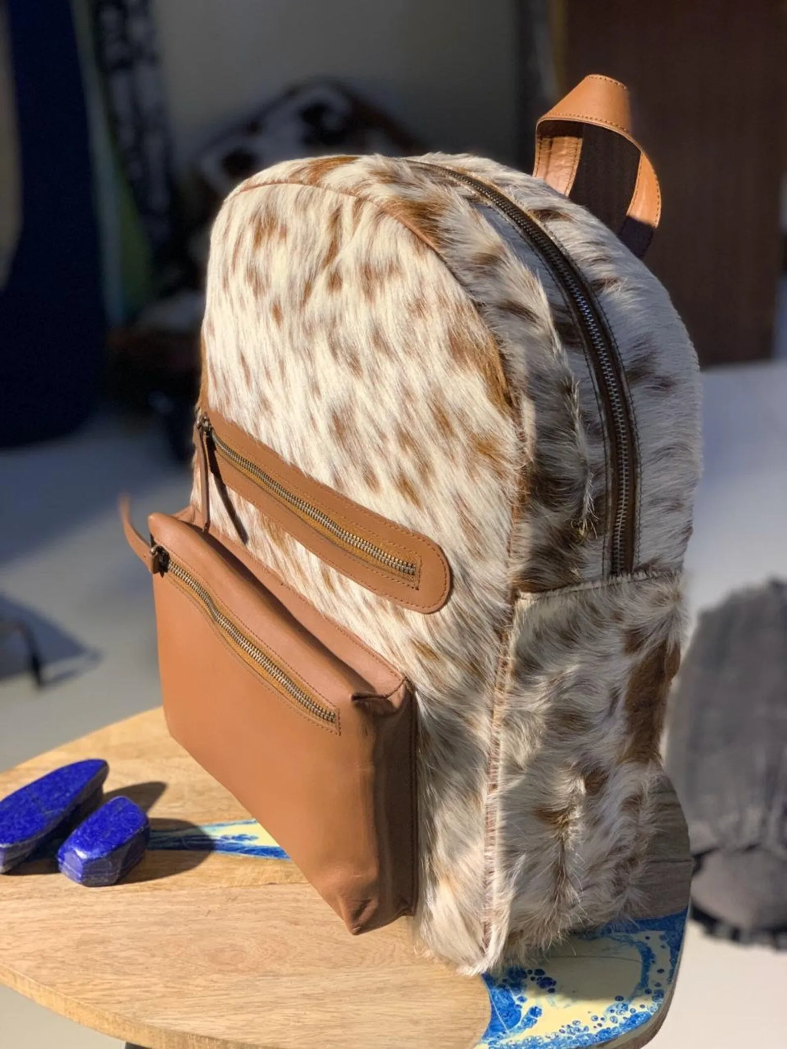 Brown White Cowhide Shoulder Backpack