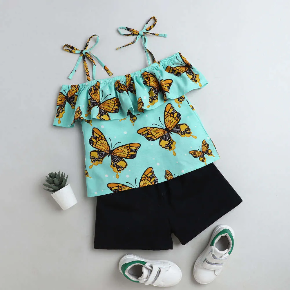 Butterfly Strap Cold Shoulder Top Short Set