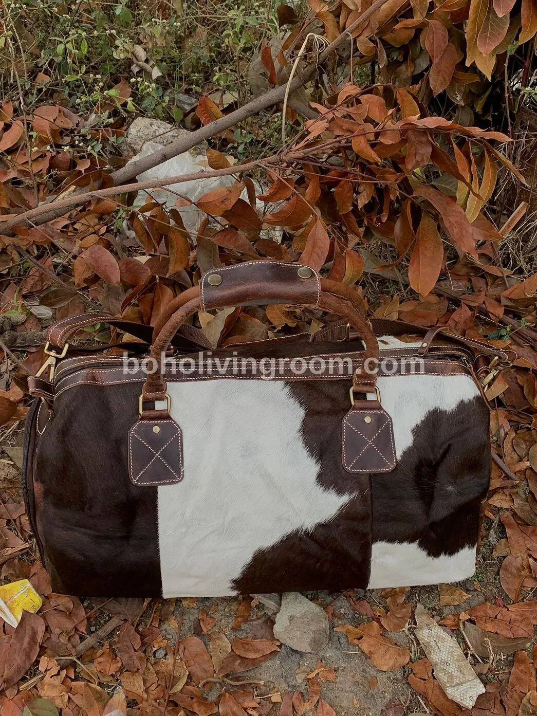 Cowhide Duffle Travel Bag Dark Brown White