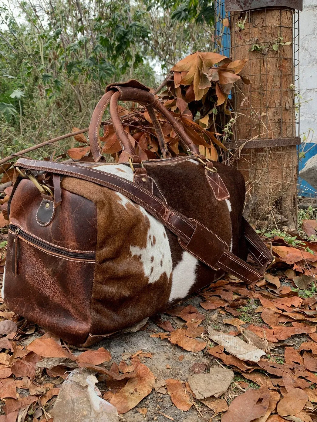 Cowhide Duffle Travel Bag Dark Brown White