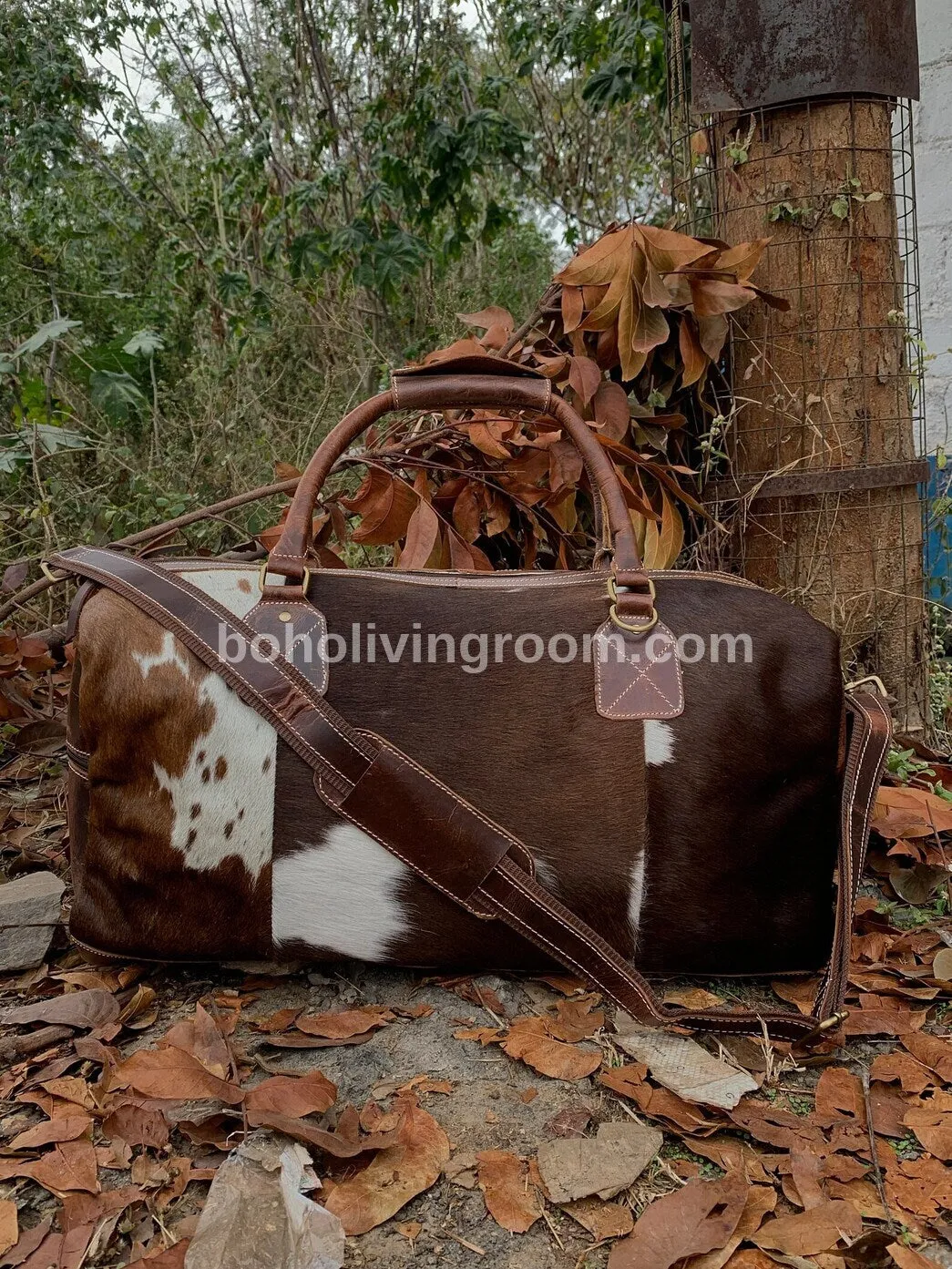 Cowhide Duffle Travel Bag Dark Brown White