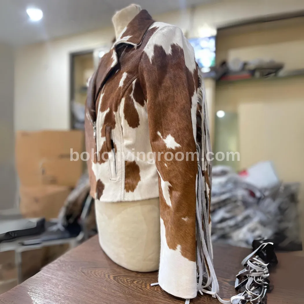 Cowhide Hair On Hide Jacket With Fringes Brown White