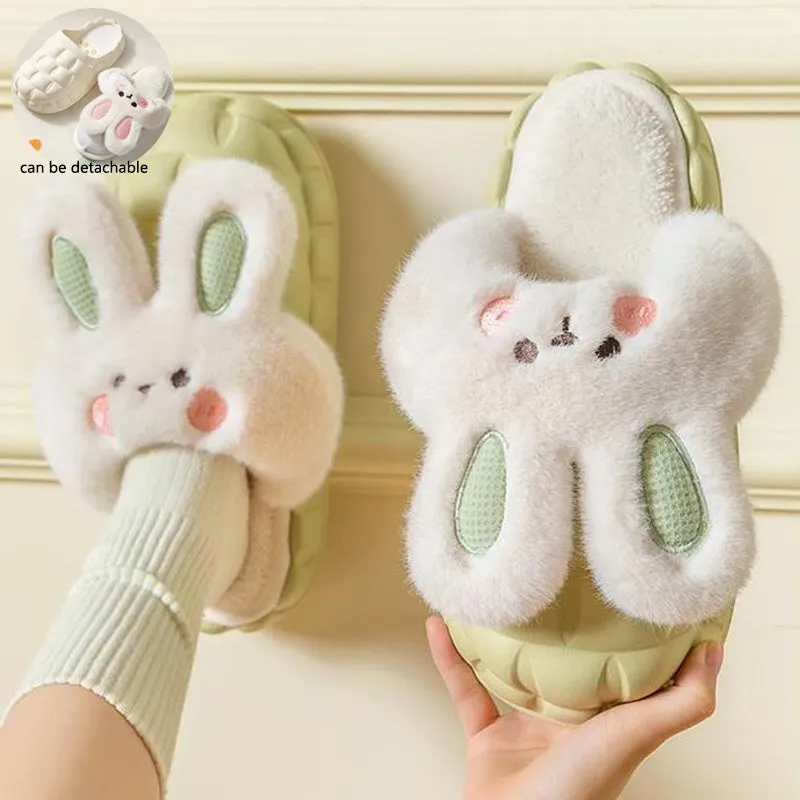 Cute Rabbit Shoes Winter Fuzzy Slippers Women Detachable Washable House Shoes