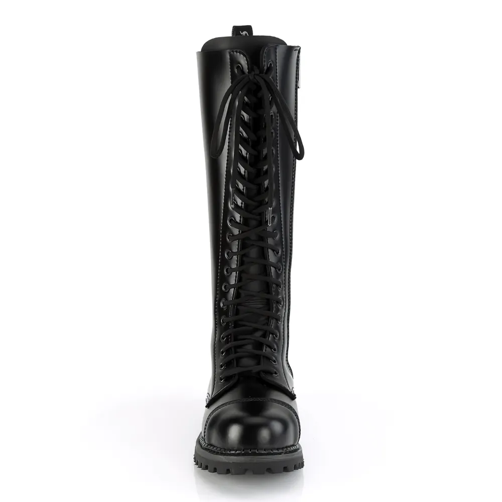 DEMONIA Knee-High Lace-Up Boots with Steel Toe and Rubber Sole