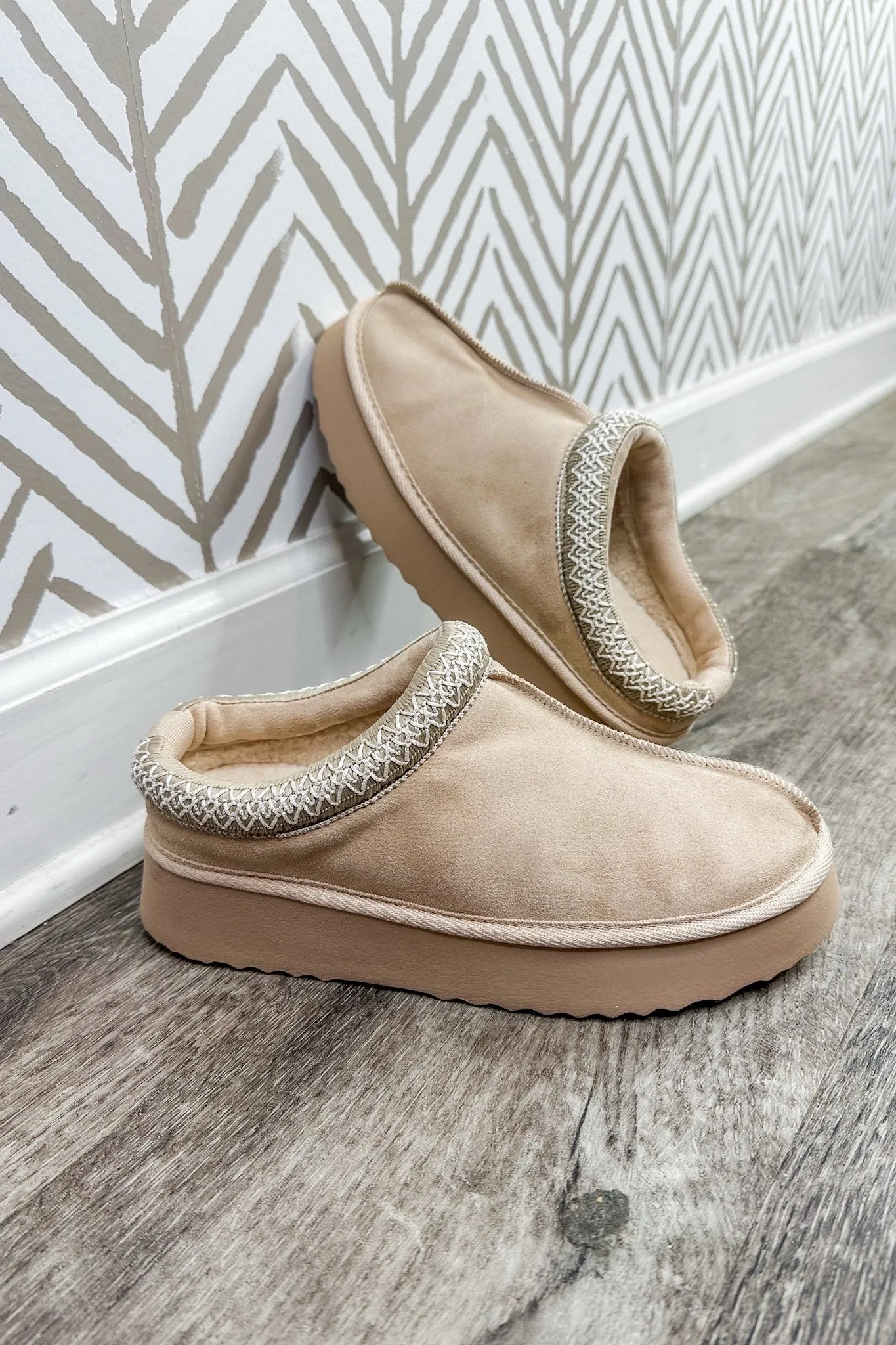 Designer Lookalike Suede Platform Slippers in Beige