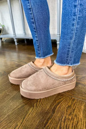 Designer Lookalike Taupe Faux Fur Platform Slip On Slipper