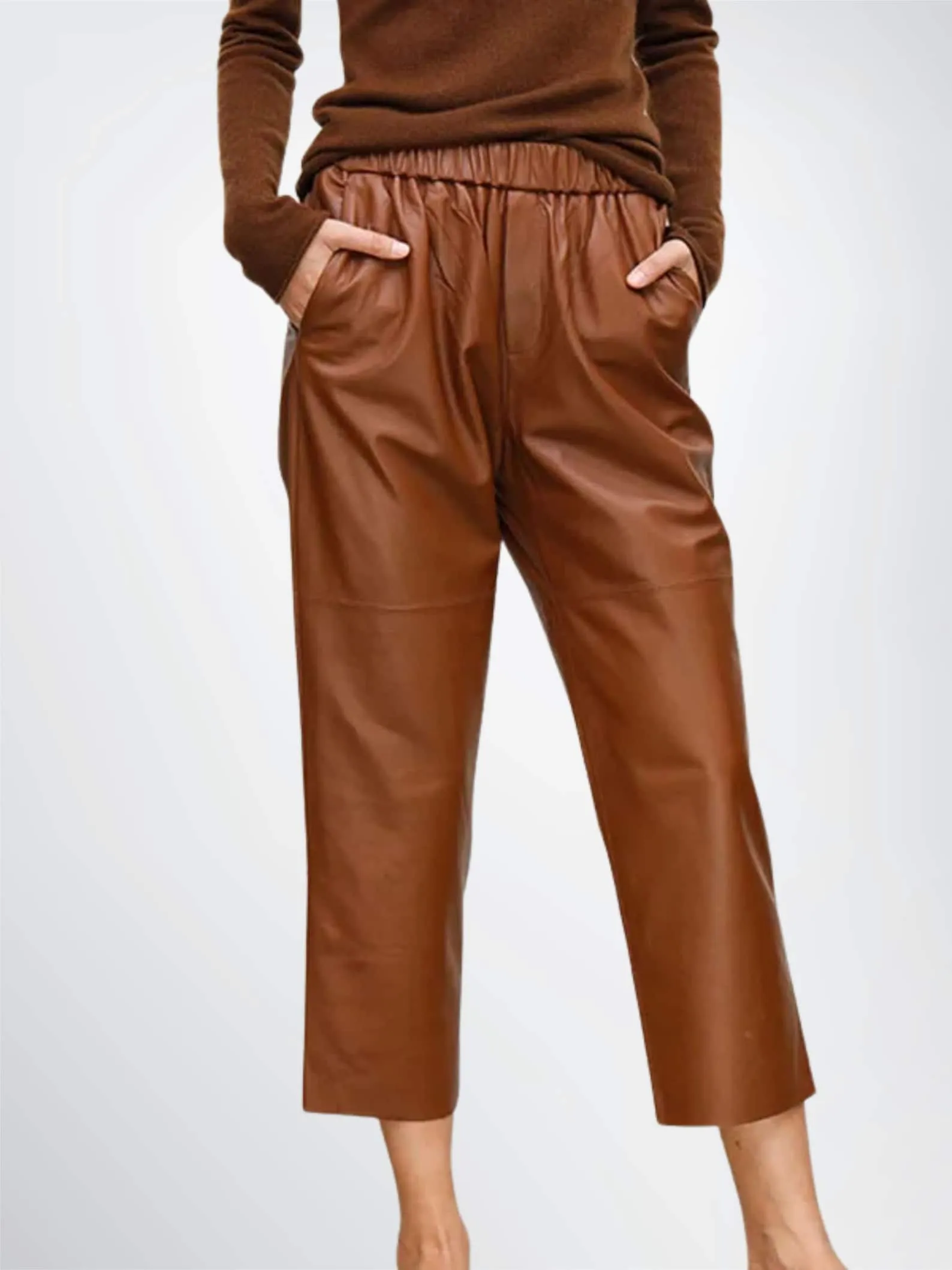 Elastic Waist Women Leather Trouser