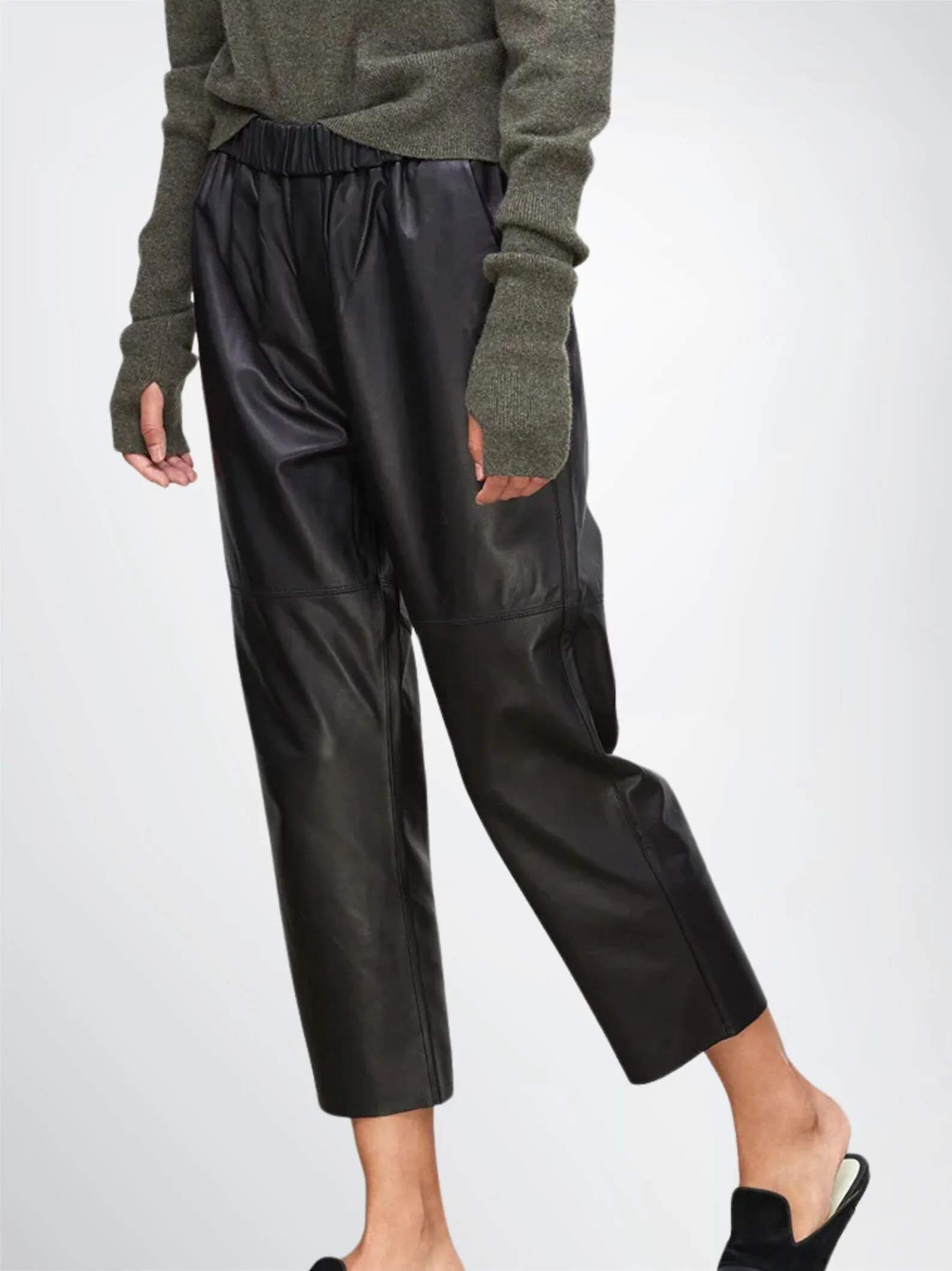 Elastic Waist Women Leather Trouser