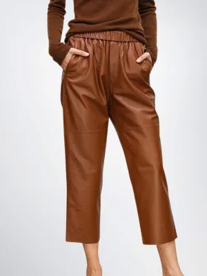 Elastic Waist Women Leather Trouser