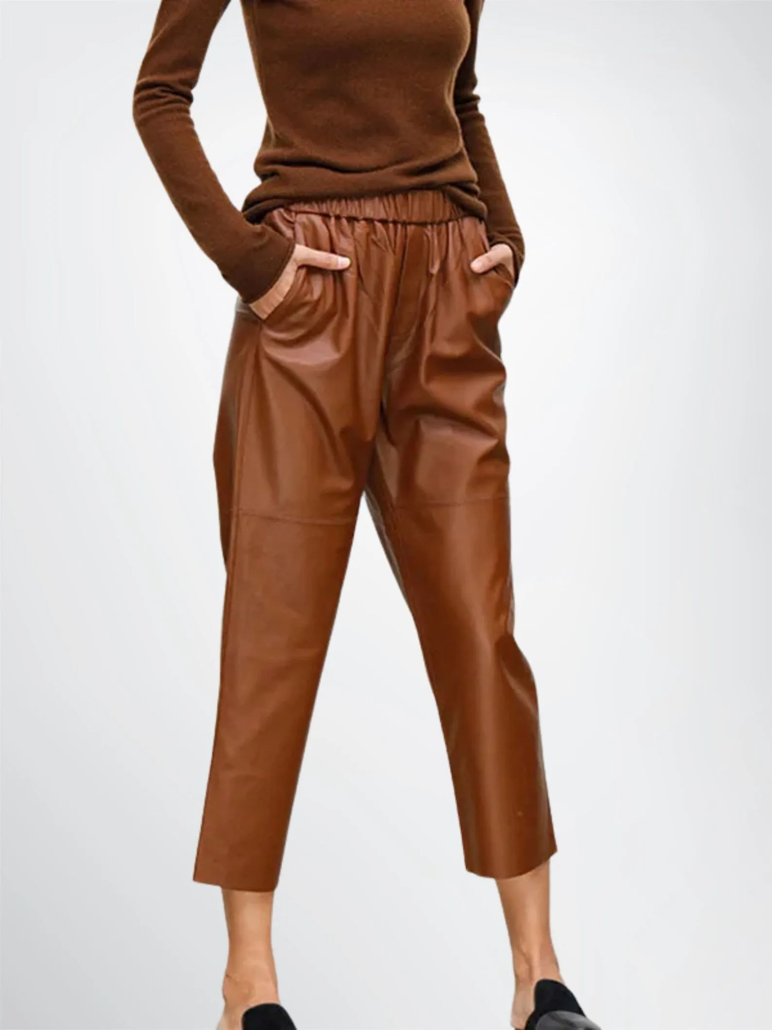 Elastic Waist Women Leather Trouser