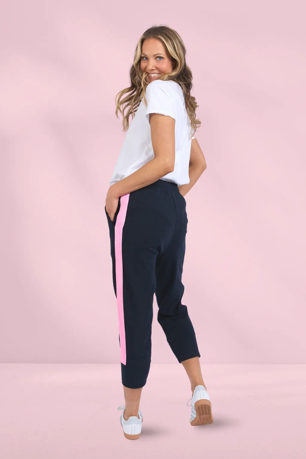 Elm Brunch Pants Side Tape Navy Neon Pink Tape