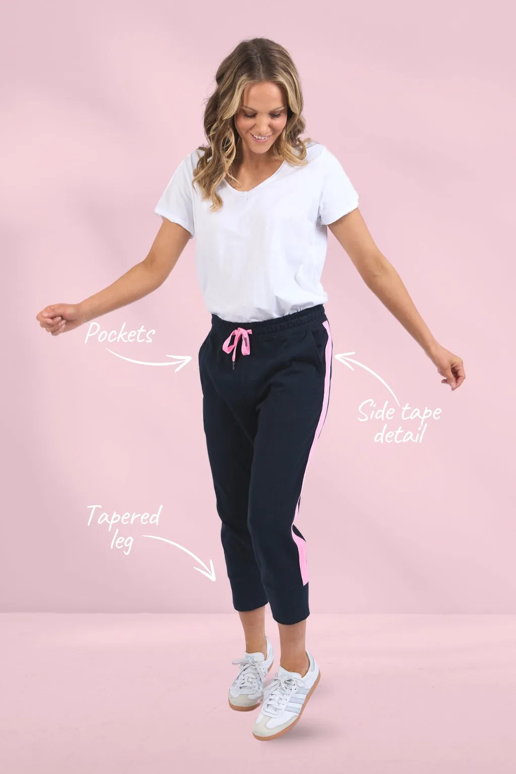 Elm Brunch Pants Side Tape Navy Neon Pink Tape