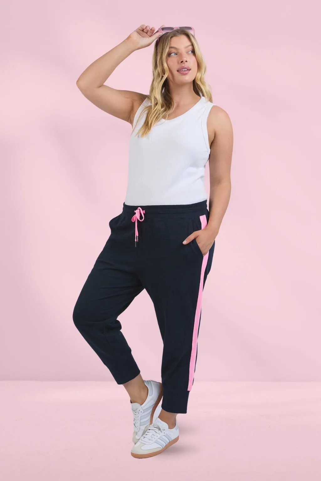 Elm Brunch Pants Side Tape Navy Neon Pink Tape