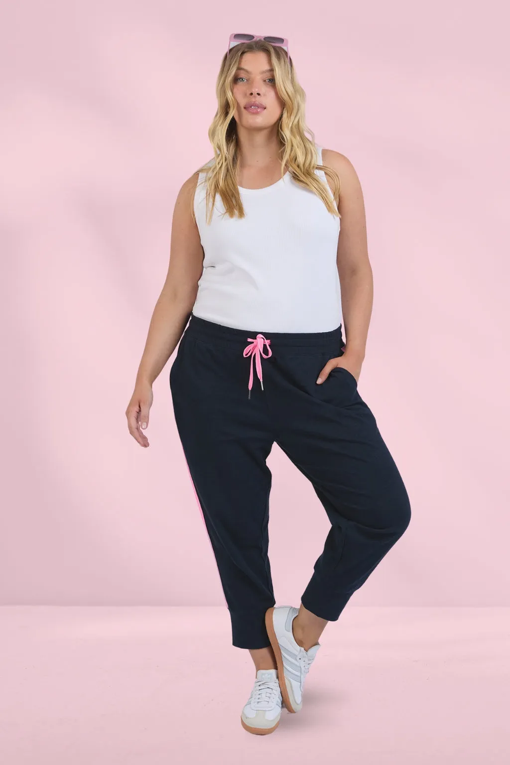 Elm Brunch Pants Side Tape Navy Neon Pink Tape