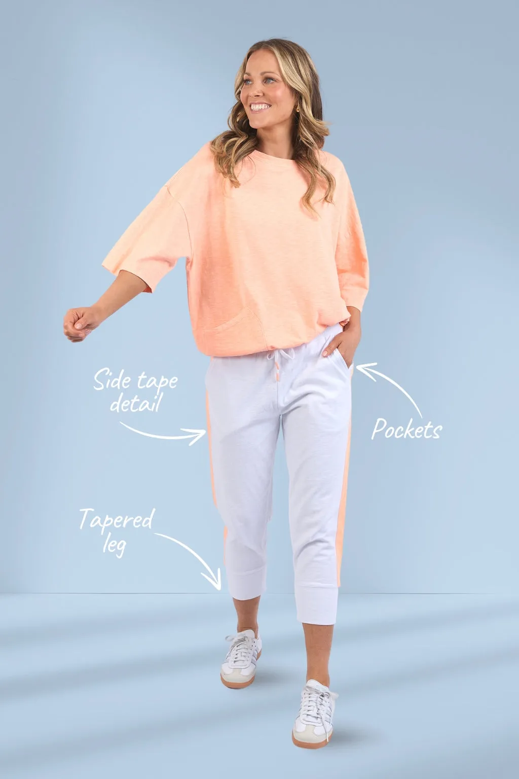 Elm Brunch Pants Side Tape White Neon Orange Tape