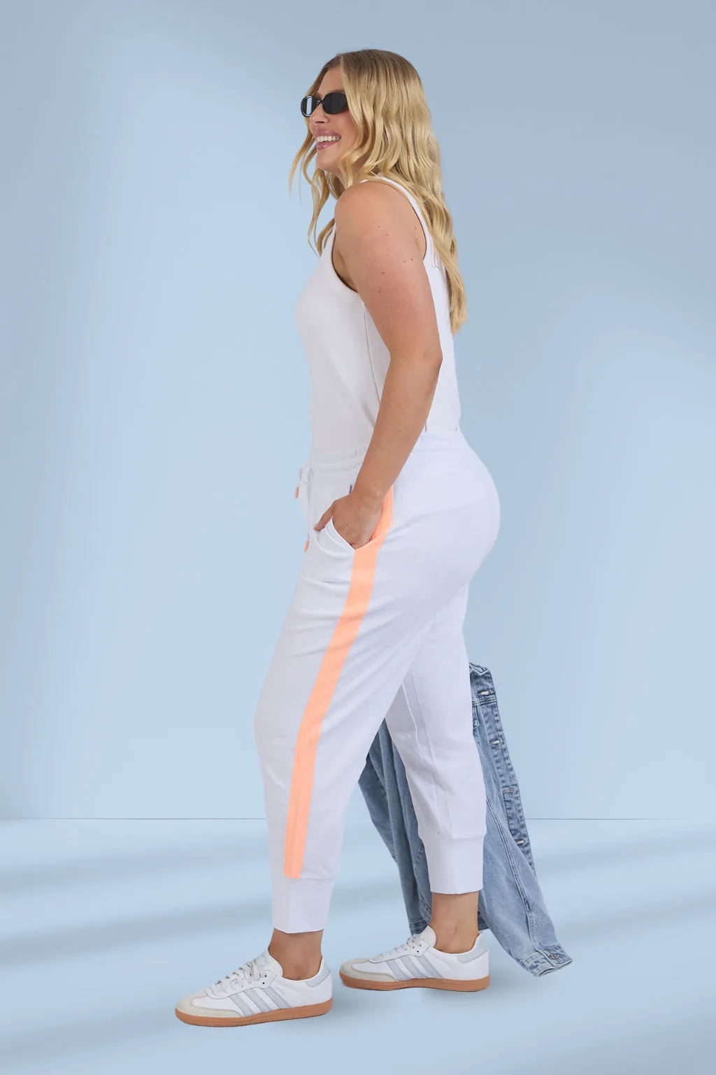 Elm Brunch Pants Side Tape White Neon Orange Tape