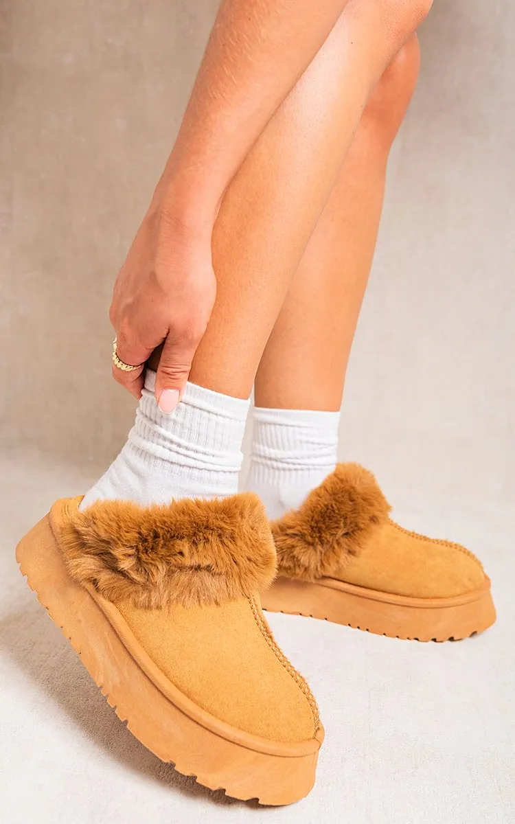 Faux Fur Trim Whisp Chunky Platform Slippers