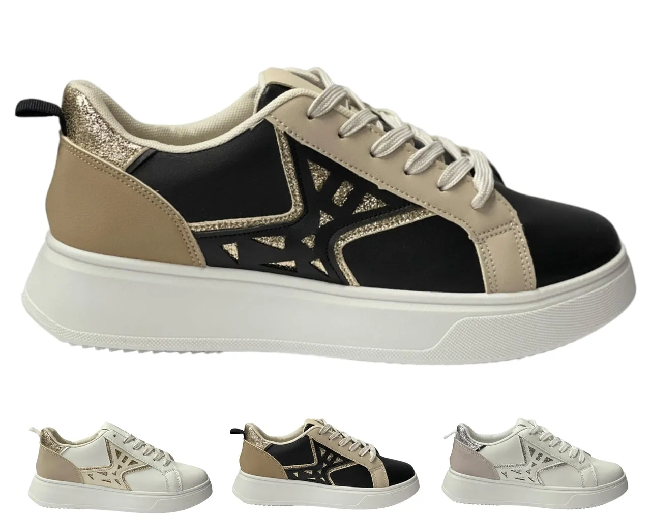 Faux Leather Laser Cut Lace Up Trainers