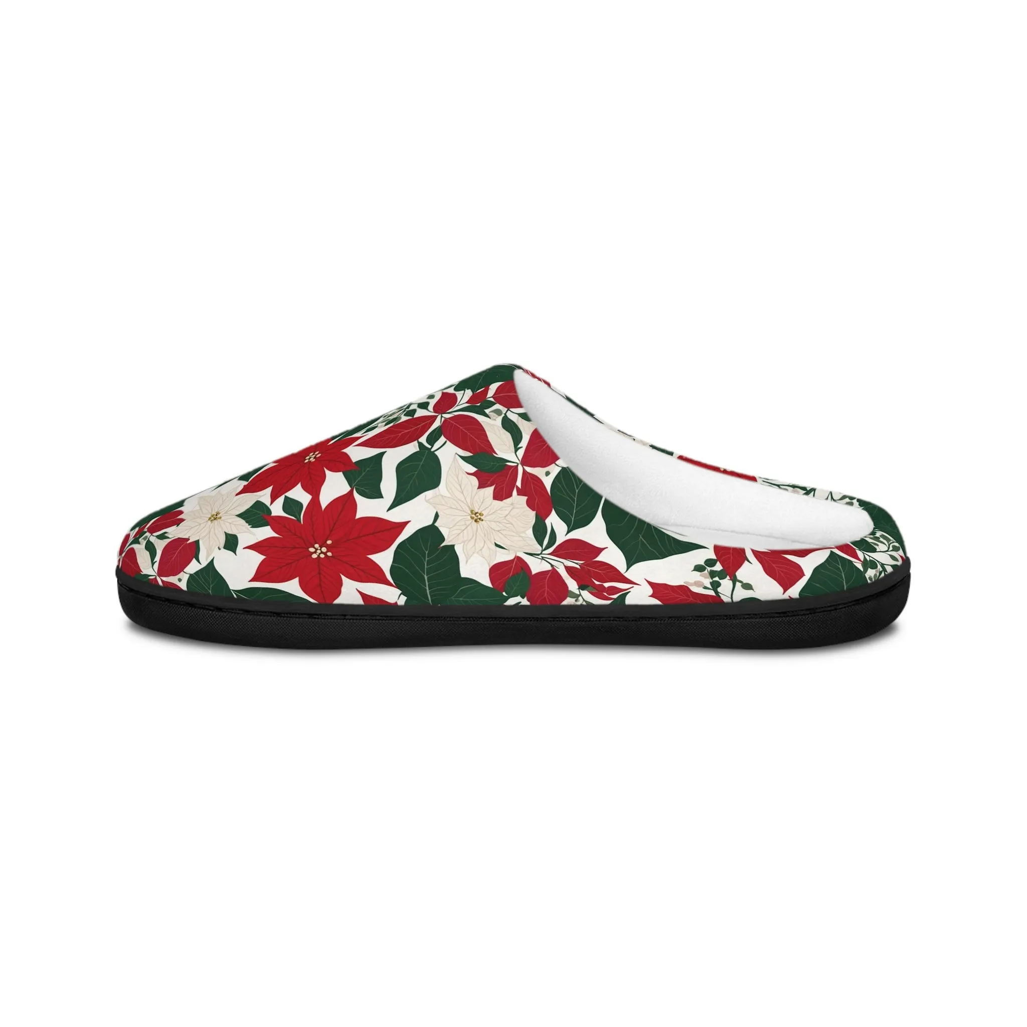 Festive Red and White Poinsettia Flower Men's Indoor Slippers - Cozy Holiday Footwear