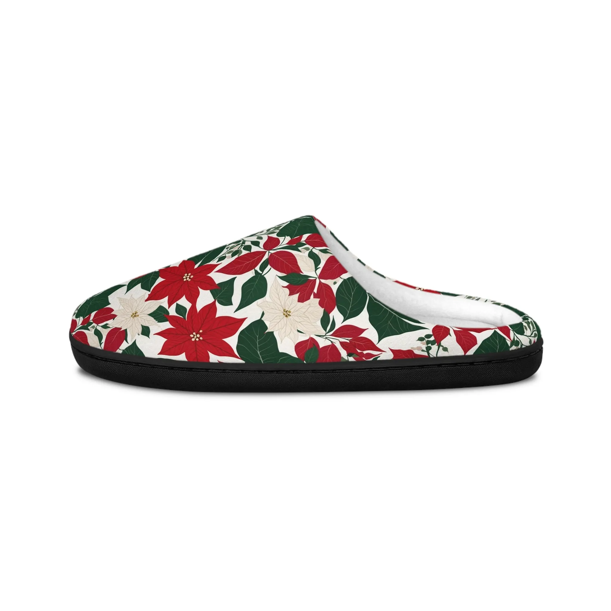 Festive Red and White Poinsettia Flower Men's Indoor Slippers - Cozy Holiday Footwear