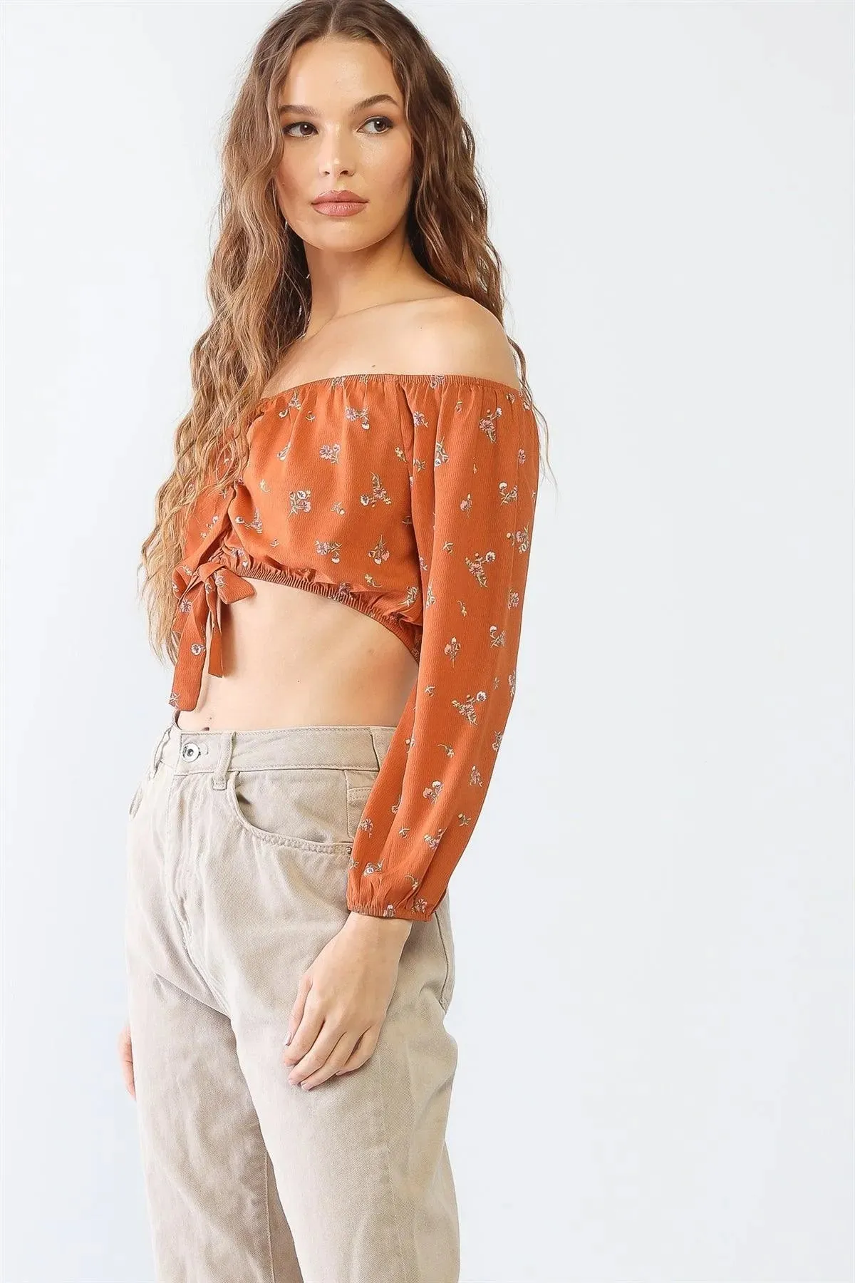 Floral Off-The-Shoulder Long Sleeve Ruched Crop Top