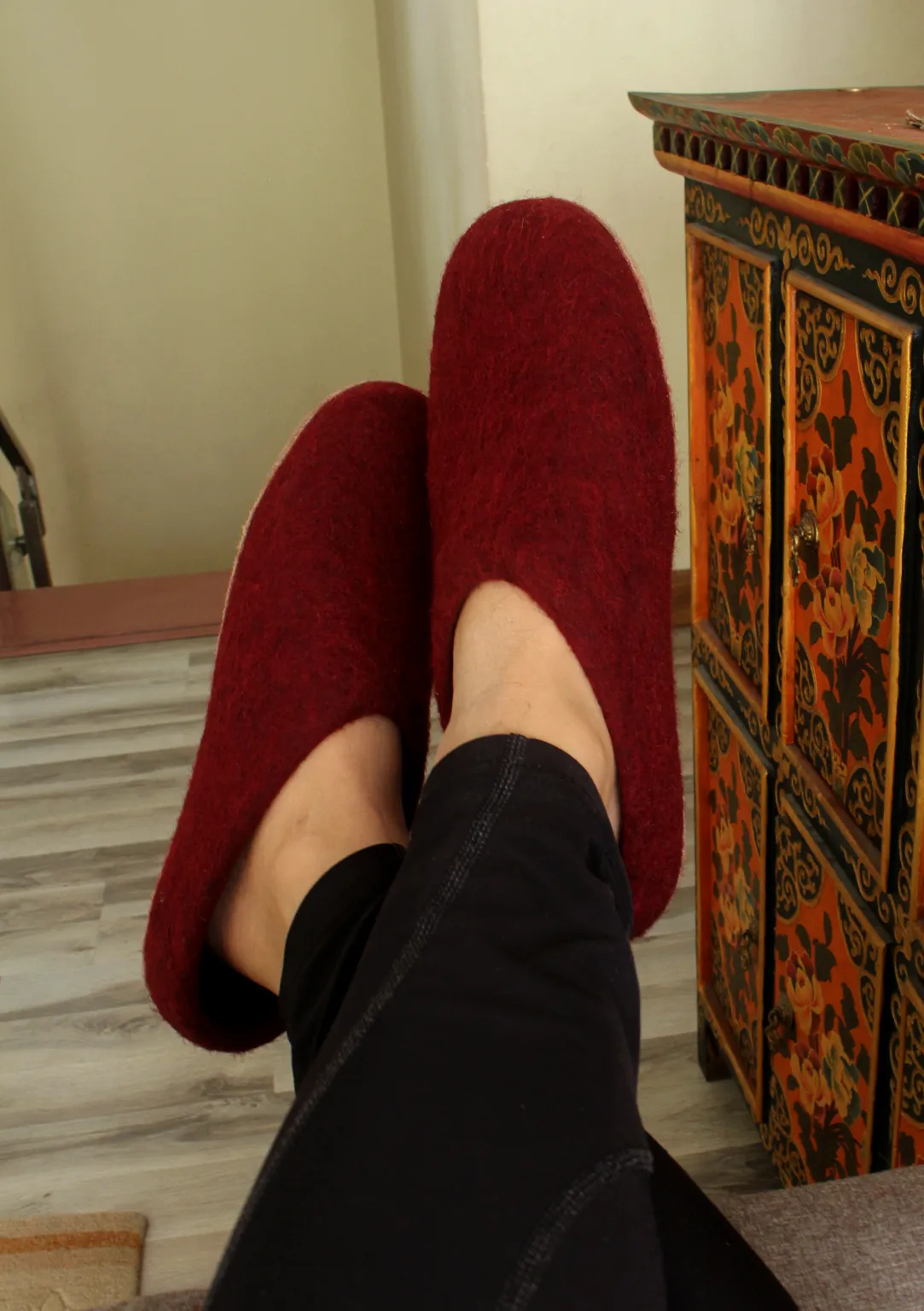 Handmade Wine Red Classic Felt Slippers