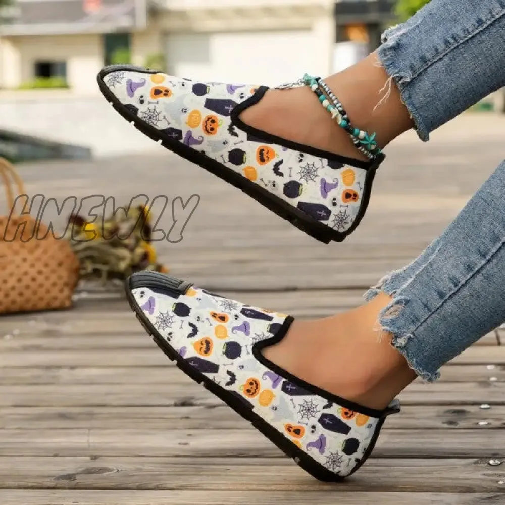 Hnewly - Halloween Cream White Casual Patchwork Printing Round Comfortable Flats Shoes