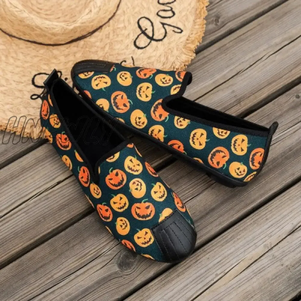 Hnewly - Halloween Cream White Casual Patchwork Printing Round Comfortable Flats Shoes