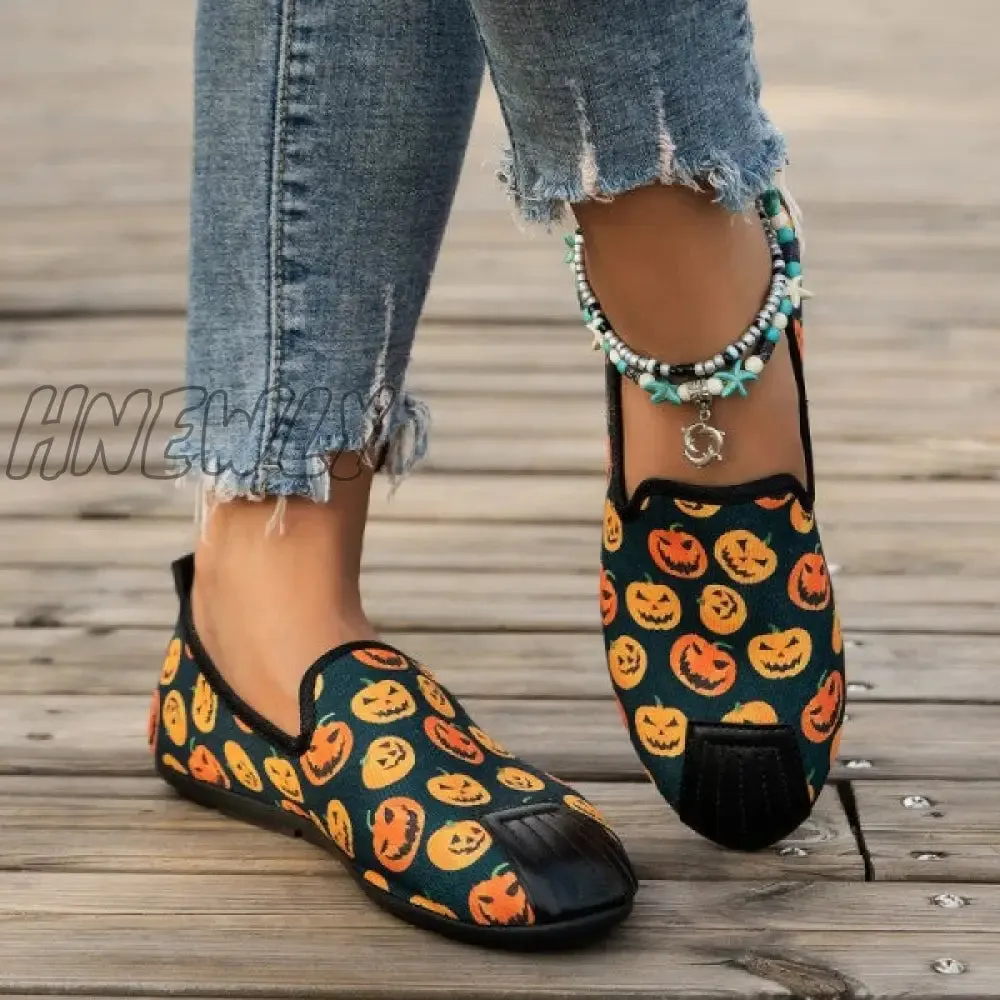 Hnewly - Halloween Cream White Casual Patchwork Printing Round Comfortable Flats Shoes