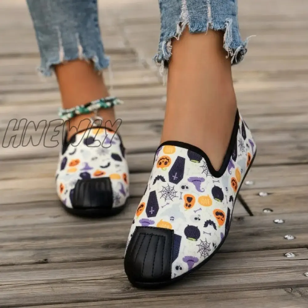 Hnewly - Halloween Cream White Casual Patchwork Printing Round Comfortable Flats Shoes