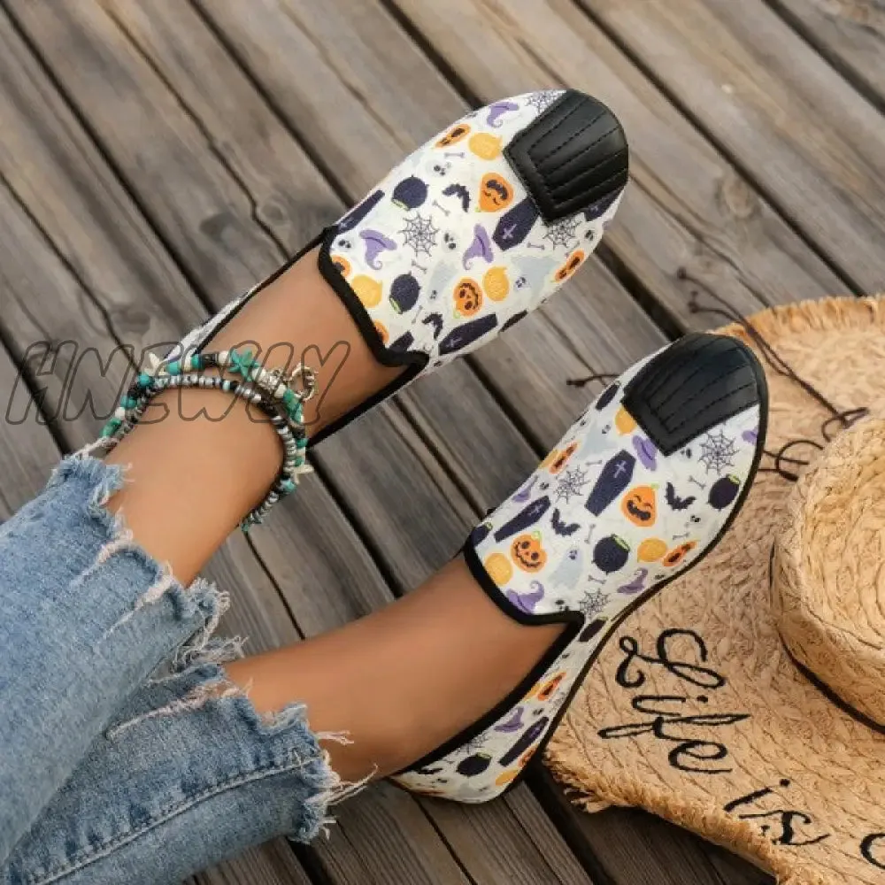 Hnewly - Halloween Cream White Casual Patchwork Printing Round Comfortable Flats Shoes